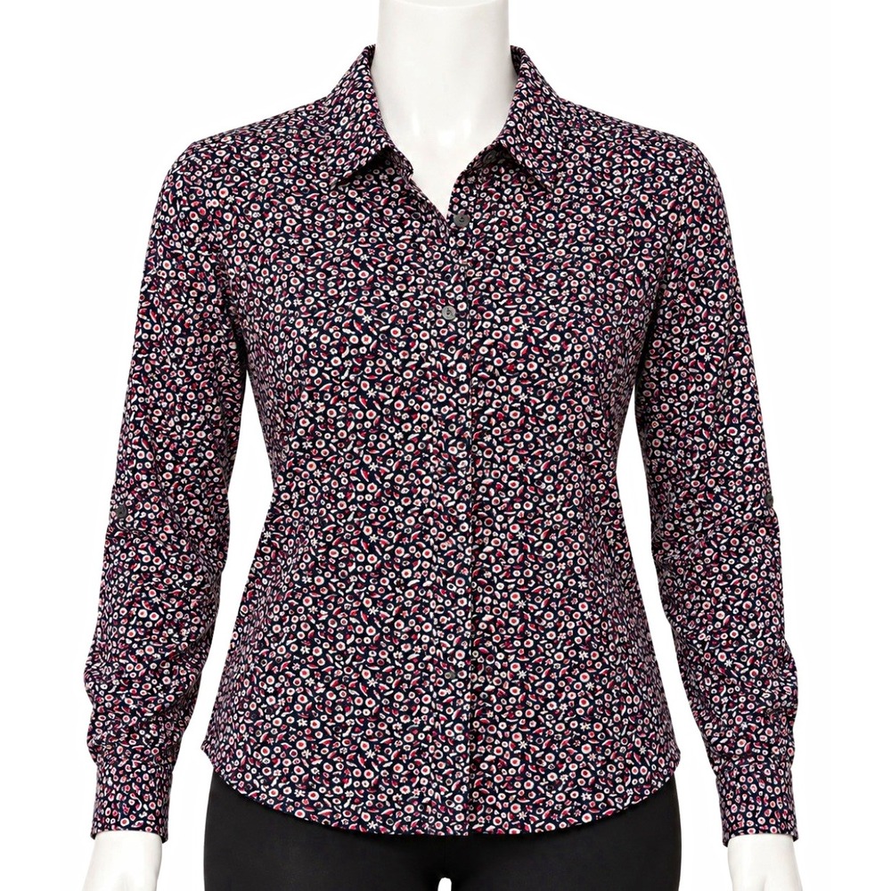 TALBOUTS Women's Woven NEW Cotton Navy Floral Collared Button-Up Blouse Size 8